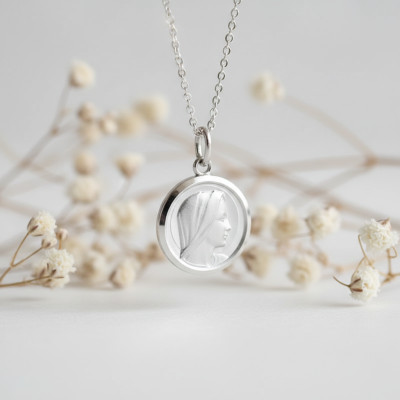 Médaille Profil Sainte Vierge, Argent, 16mm - Emanessence