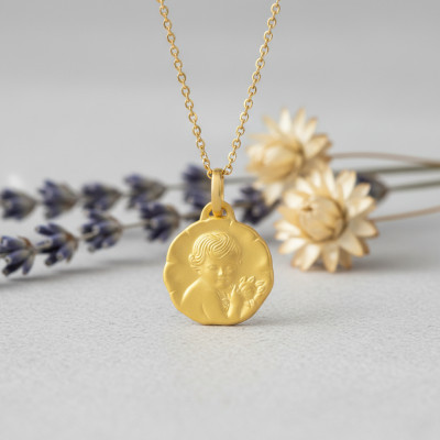 Médaille Ange & Fleur, Or Jaune 750, 15 mm - Lumiosa