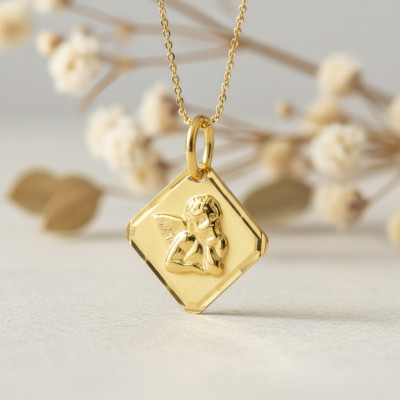 Médaille Losange Ange Pensif, Or Jaune 375 - Vandona
