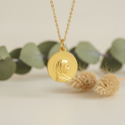 Médaille Vierge Bienveillante Profil, Or Jaune 750, 18 mm - Lumiosa