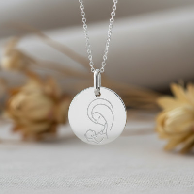 Médaille Vierge A l'Enfant, Or blanc, 15mm - Lucas Lucor