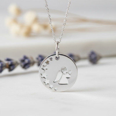 Médaille Ange en Prière Ajouré & Étoiles, Argent 925, 16 mm - Emanessence