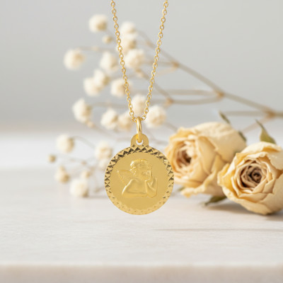 Médaille Baptême Ange Pensif Sablée, Or Jaune 750, 16 mm - Lumiosa