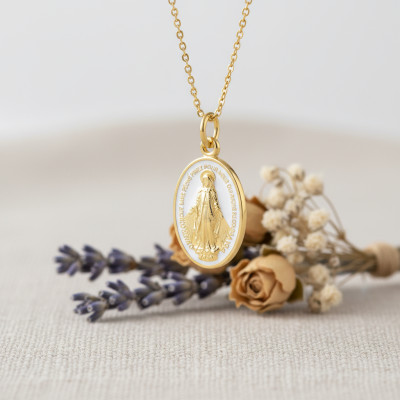 Médaille Miraculeuse Vierge Marie, Or Jaune 750 & Émail Blanc - Vandona