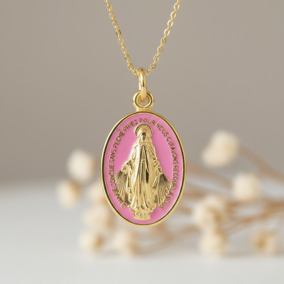 Médaille Miraculeuse Vierge Marie, Or Jaune 750 & Émail Rose - Vandona