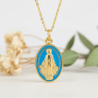 Médaille Miraculeuse Vierge Marie, Or Jaune 750 & Émail Bleu - Vandona