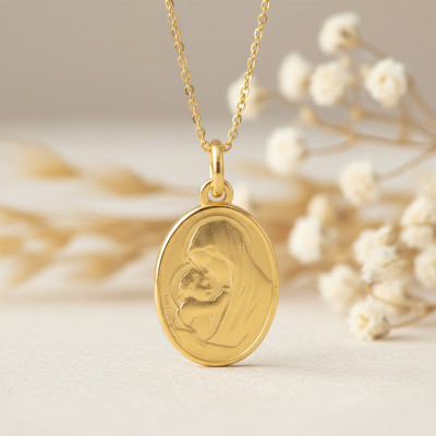 Médaille Vierge à l'Enfant, Or jaune, 15x19mm - Emanessence