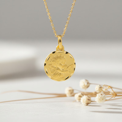 Médaille Ange & Colombe, Or Jaune 750, 14 mm - Lumiosa