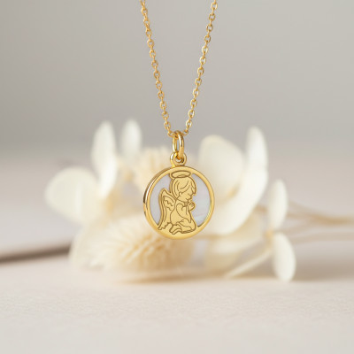 Médaille Baptême Ange en Prière, Or Jaune 750 & Nacre, 14,50 mm - Lumiosa
