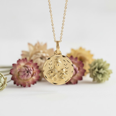 Médaille Scapulaire Vierge du Mont Carmel & Christ Sacré Coeur, Or Jaune 375, 16 mm - Vandona