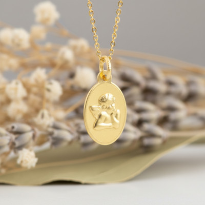 Médaille Ange Pensif Sablé, Or Jaune 750, 17x10mm - Lumiosa