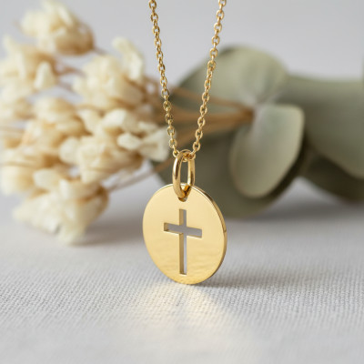 Médaille ronde croix ajourée, Or jaune, 15mm - Lucas Lucor