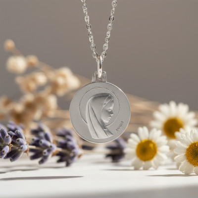 Médaille Vierge Marie Auréolée, Or Blanc 750, 16mm - Augis