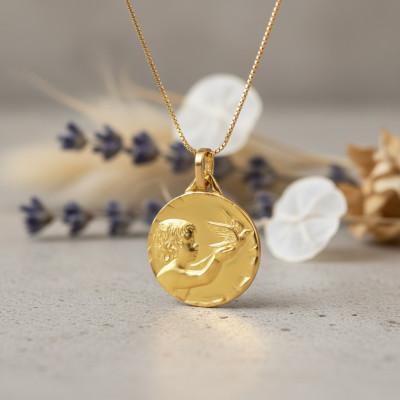 Médaille Ange & Colombe, Or Jaune, 18 mm - Lucas Lucor