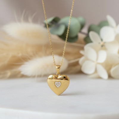 Pendentif Photo Coeur, Argent 925 Doré & Oxydes, 24x17 mm - Emanessence