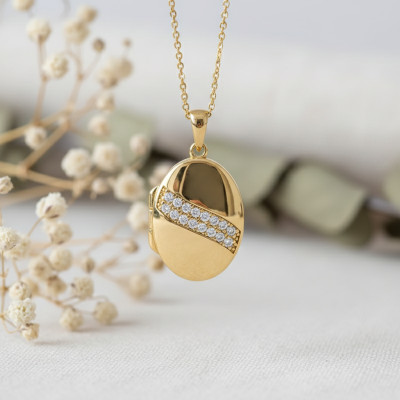 Pendentif Photo Ovale, Argent 925 Doré & Oxydes, 28x15mm - Emanessence