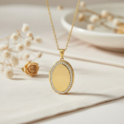 Pendentif Photo Ovale, Argent 925 Doré & Oxydes, 34x19mm - Emanessence