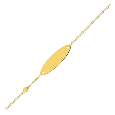 Gourmette bébé plaque & perle, Or Jaune 375, 14cm - Bambins