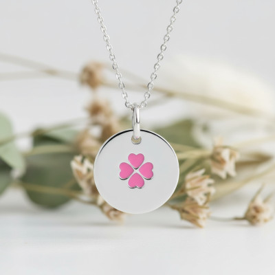 Pendentif Trèfle, Argent & Laque rose - Emanessence