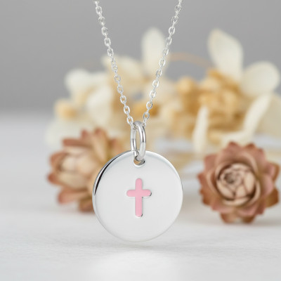 Pendentif Croix, Argent & Laque rose - Emanessence