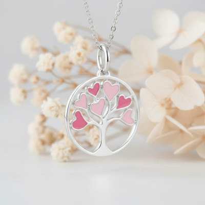 Pendentif Arbre de vie, Argent & Laque rose - Emanessence