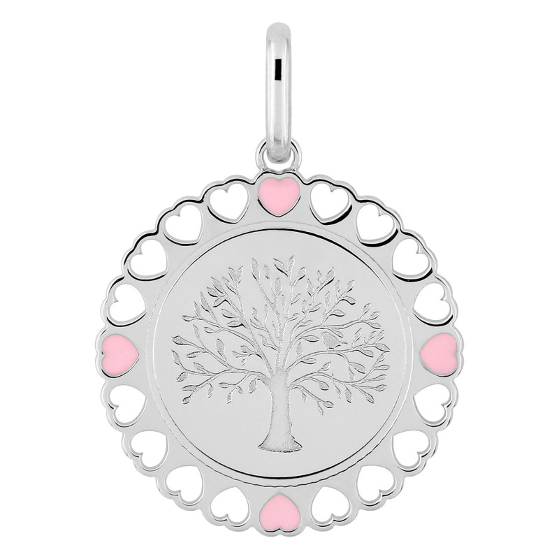 Pendentif Arbre de vie ajouré, Argent & Laque rose - Emanessence