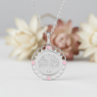 Pendentif Arbre de vie ajouré, Argent & Laque rose - Emanessence