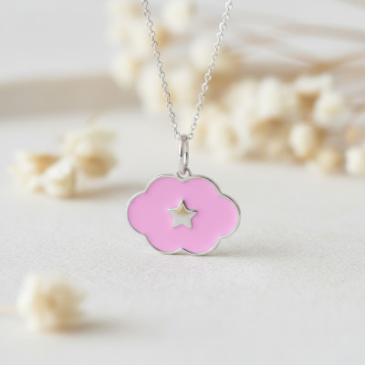 Pendentif Nuage & étoile, Argent & Laque rose - Emanessence