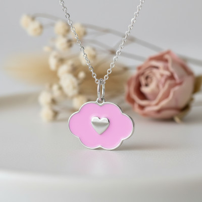 Pendentif Nuage & coeur, Argent & Laque rose - Emanessence