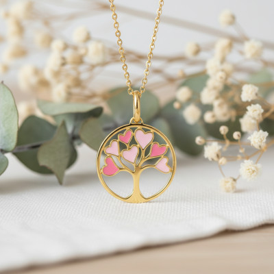 Pendentif Arbre de vie, Plaqué or & Laque rose - Emanessence