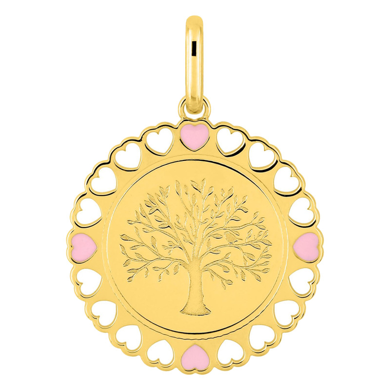 Pendentif Arbre de vie ajouré, Plaqué or & Laque rose - Emanessence