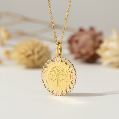Pendentif Arbre de vie ajouré, Plaqué or & Laque rose - Emanessence