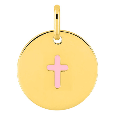 Pendentif Croix, Plaqué or & Laque rose - Emanessence