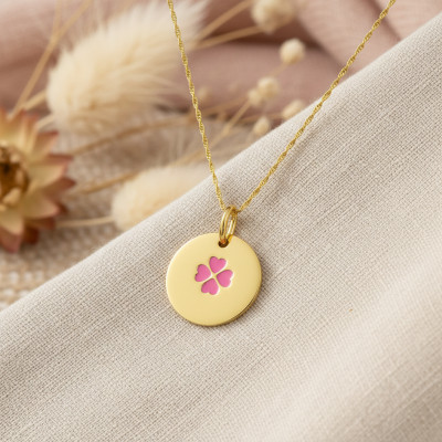 Pendentif Trèfle, Plaqué or & Laque rose - Emanessence