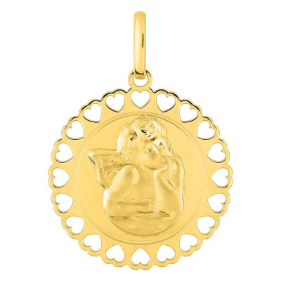 Médaille Ange ronde contour coeur, Or Jaune 375 - Emanessence