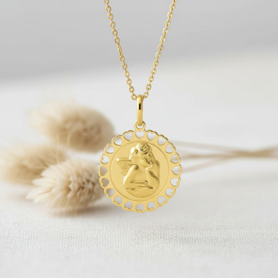 Médaille Ange ronde contour coeur, Or Jaune 375 - Emanessence