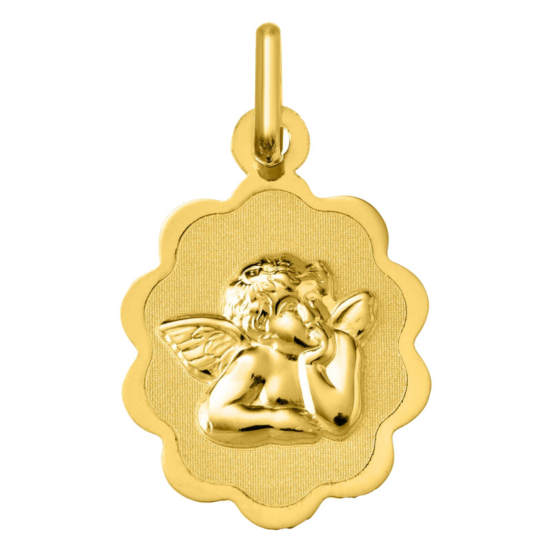 Médaille Ange Raphaël Bords Fleuris, Or jaune 750, 13x15mm - Argyor
