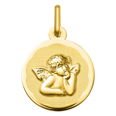 Médaille Ronde Ange Raphaël Motif Fleuri, Or jaune 750, 13mm - Argyor