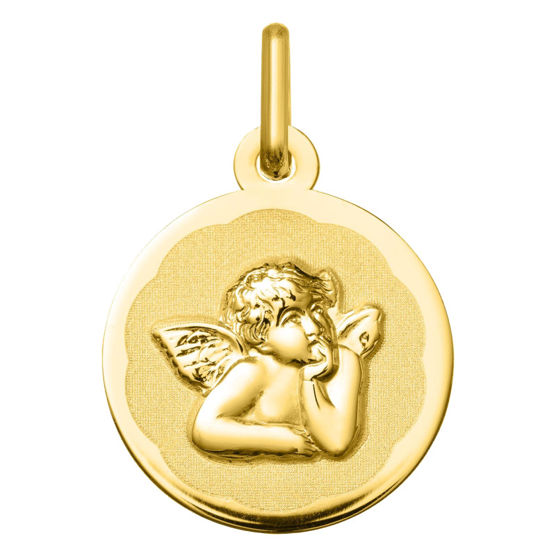 Médaille Ronde Ange Raphaël Motif Fleuri, Or jaune 750, 13mm - Argyor