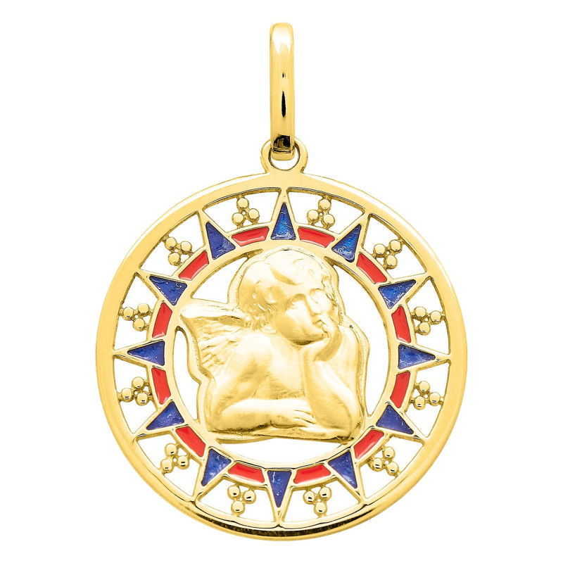 Médaille Ronde Ange, Or jaune 750 & Laque, 18mm - Emanessence