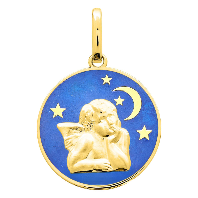 Médaille Ange de la Nuit, Or jaune 750 & Laque, 15mm - Emanessence