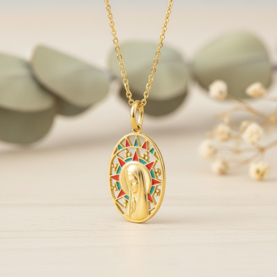 Médaille Vierge, Or jaune 750 & Laque, 20x14mm - Emanessence
