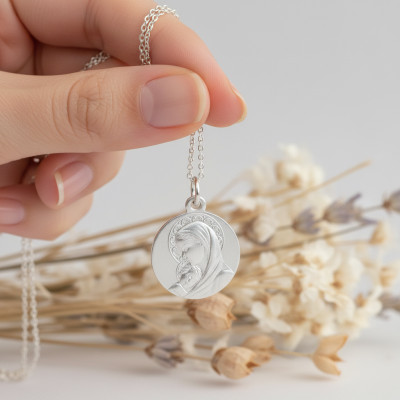 Médaille Vierge à l'enfant auréolé, Argent 925 - Lumiosa