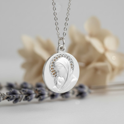 Médaille Vierge à l'enfant auréole ajourée, Argent 925 - Lumiosa