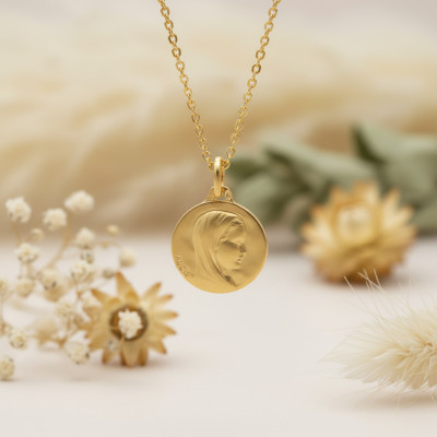 Médaille Vierge de Profil, Or Jaune 375, 16 mm - Augis
