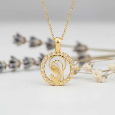 Médaille Vierge en Prière, Nacre & Zircons, Or Jaune 375, 13mm - Vandona