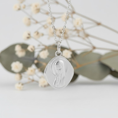 Médaille Vierge en prière, Or blanc, 15x13mm - Emanessence