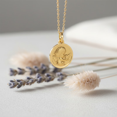 Médaille Ange à l'oiseau, Or Jaune 375, 16mm - Lumiosa