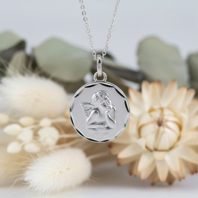 Médaille Biseautée Ange, Argent, 14mm - Emanessence