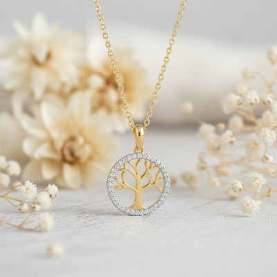 Collier arbre de vie, Plaqué or jaune & Oxydes, 43cm - Emanessence